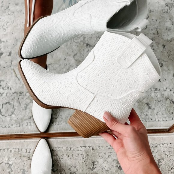 NEW🔥Ivory Faux Pearl Embellished Cowboy Cowgirl Western Heel Ankle Booties Boot - Picture 2 of 12